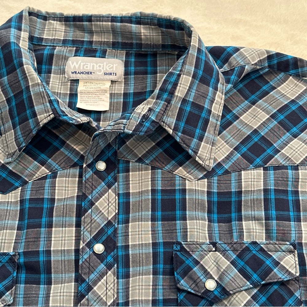 Wrangler Retro Pearl Snap Shirt‎ 2XLT TALL Blue Gray Plaid Short Sleeve Western